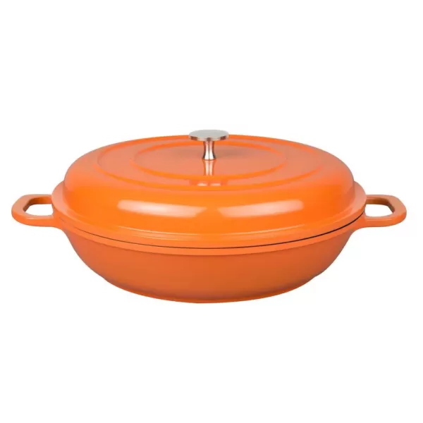 MasterPan Enamel 3 qt. Round Cast Aluminum Nonstick Casserole Dish in Orange with Lid