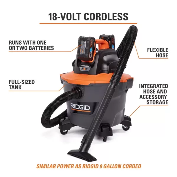 RIDGID 9 Gal. 18-Volt Cordless Wet/Dry Shop Vacuum (Tool Only) with Filter, Hose and Accessories