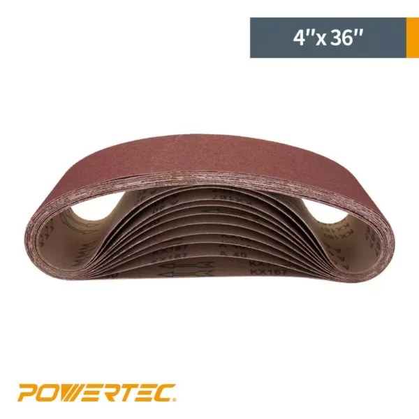 POWERTEC 4 in. x 36 in. 80-Grit Aluminum Oxide Sanding Belt (10-Pack)