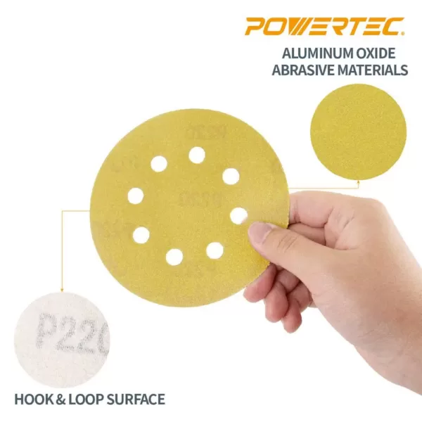 POWERTEC 5 in. 8-Hole 80-Grit Hook and Loop Sanding Discs in Gold (50-Pack)