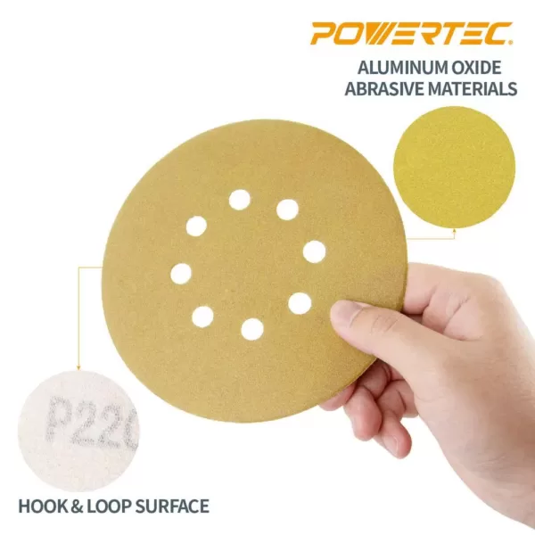 POWERTEC 6 in. 8-Hole 220-Grit Hook and Loop Sanding Discs in Gold (50-Pack)