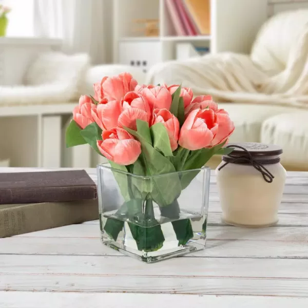 Pure Garden Tulip Floral Arrangement with Vase and Faux Water