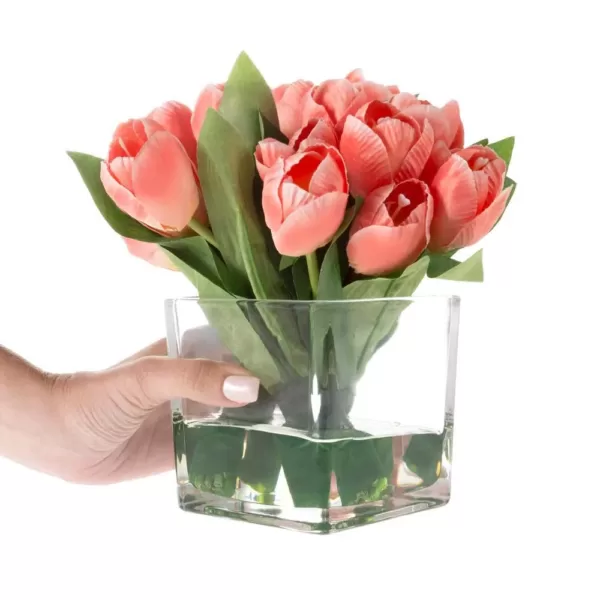 Pure Garden Tulip Floral Arrangement with Vase and Faux Water