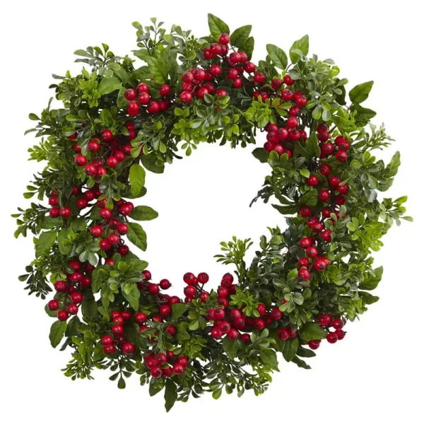 Nearly Natural 24 in. Berry Boxwood Wreath