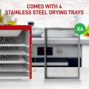 NutriChef 4-Tray Red 350 Watt Premium Food Dehydrator Machine with Digital Timer and Temperature Control