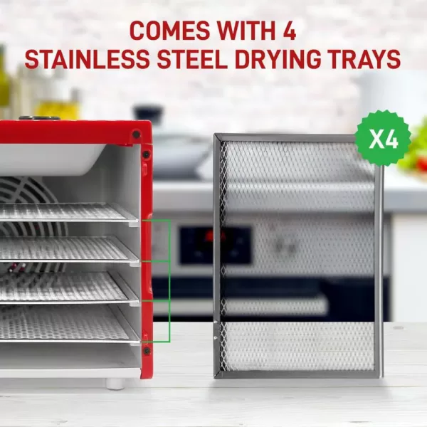 NutriChef 4-Tray Red 350 Watt Premium Food Dehydrator Machine with Digital Timer and Temperature Control