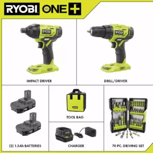 RYOBI 18-Volt ONE+ Cordless 2-Tool Combo Kit w/ (2) 1.5Ah Batteries, Charger & Bag w/ BONUS Impact Rated Driving Kit (70Piece)