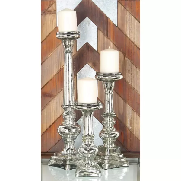 LITTON LANE Silver Glass Square-Based Candle Holders (Set of 3)