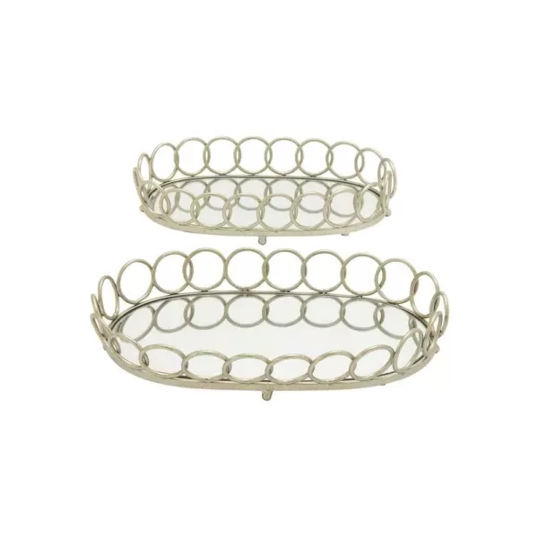 LITTON LANE Modern Silver Decorative Oval Ring Mirror Trays (Set of 2)