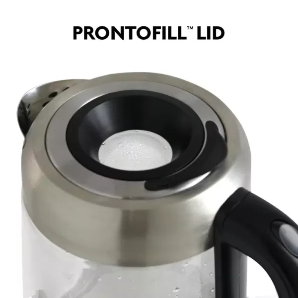 Ovente 7-Cup 1.7 l Silver Glass Electric Kettle with ProntoFill Technology-Fill Up with Lid On