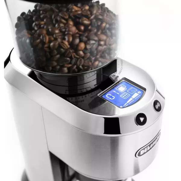 DeLonghi Dedica Stainless Steel Digital Conical Burr Grinder with 18 Grind Settings and Portafilter Adaptor - 12 oz.