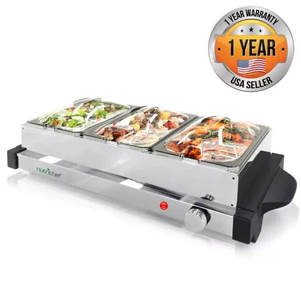 NutriChef 21.9 in. Stainless Steel Electric Food Warming Tray Buffet Server Hot Plate Food Warmer (3-Plate Tray Style)