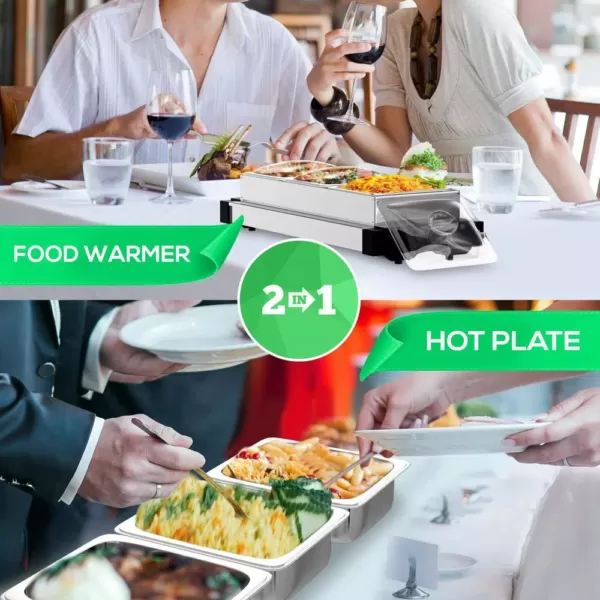 NutriChef 21.9 in. Stainless Steel Electric Food Warming Tray Buffet Server Hot Plate Food Warmer (3-Plate Tray Style)