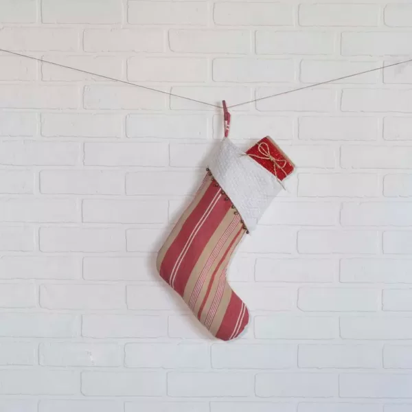 VHC Brands 15 in. 100% Cotton Vintage Stripe Candy Apple Red Farmhouse Christmas Decor Stocking