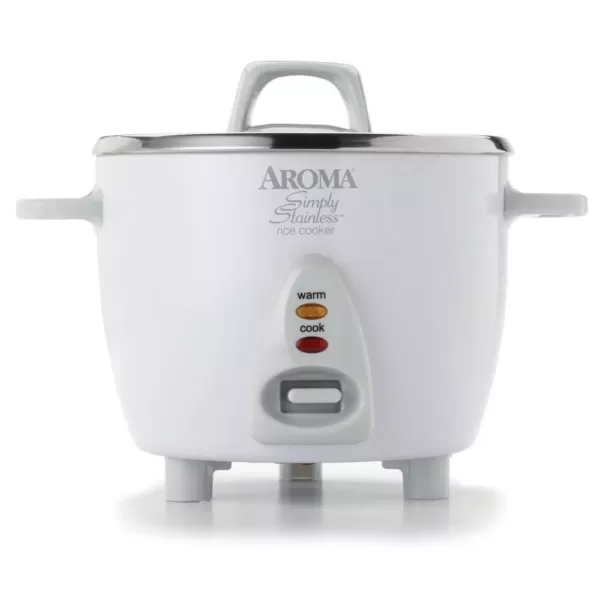 AROMA Simply 6-Cup Stainless Steel White Rice Cooker with Measuring Cup and Serving Spatula