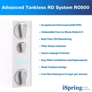 ISPRING Tankless Reverse Osmosis Water Filtration System, Smart Faucet, 2:1 Pure to Drain Ratio, 500 GPD