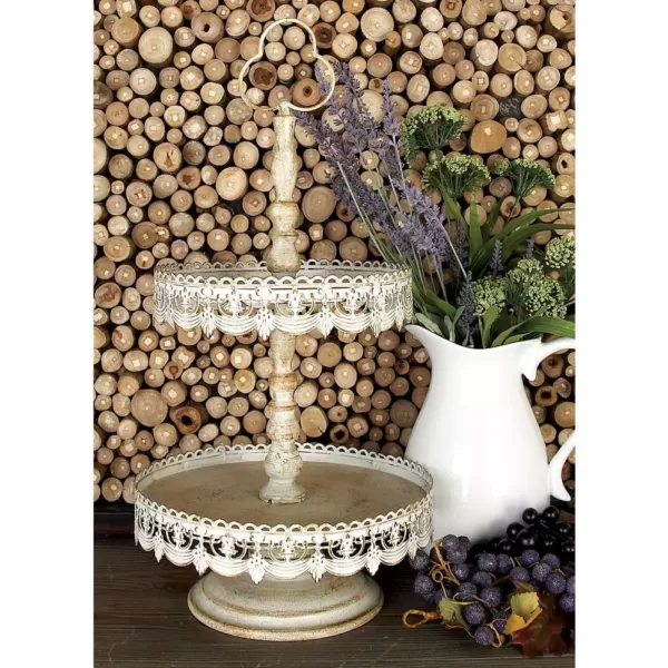LITTON LANE 24 in. 2-Tiered Round Whitewashed and Rust Brown Iron Tray Stand with Cutout Bunting Overhang