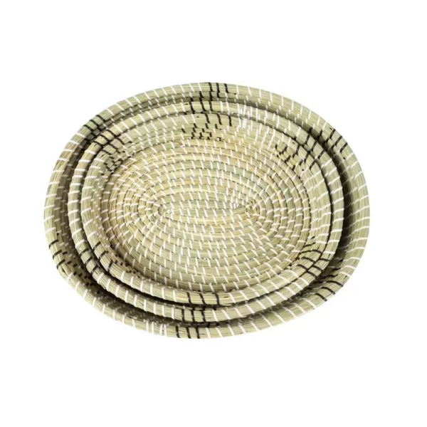 LITTON LANE White Seagrass and Polyethylene Decorative Wicker Trays with Black Accents (Set of 3)
