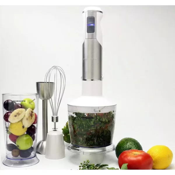Ovente 6-Speed White Immersion Blender with Chopper and Whisk Attachment